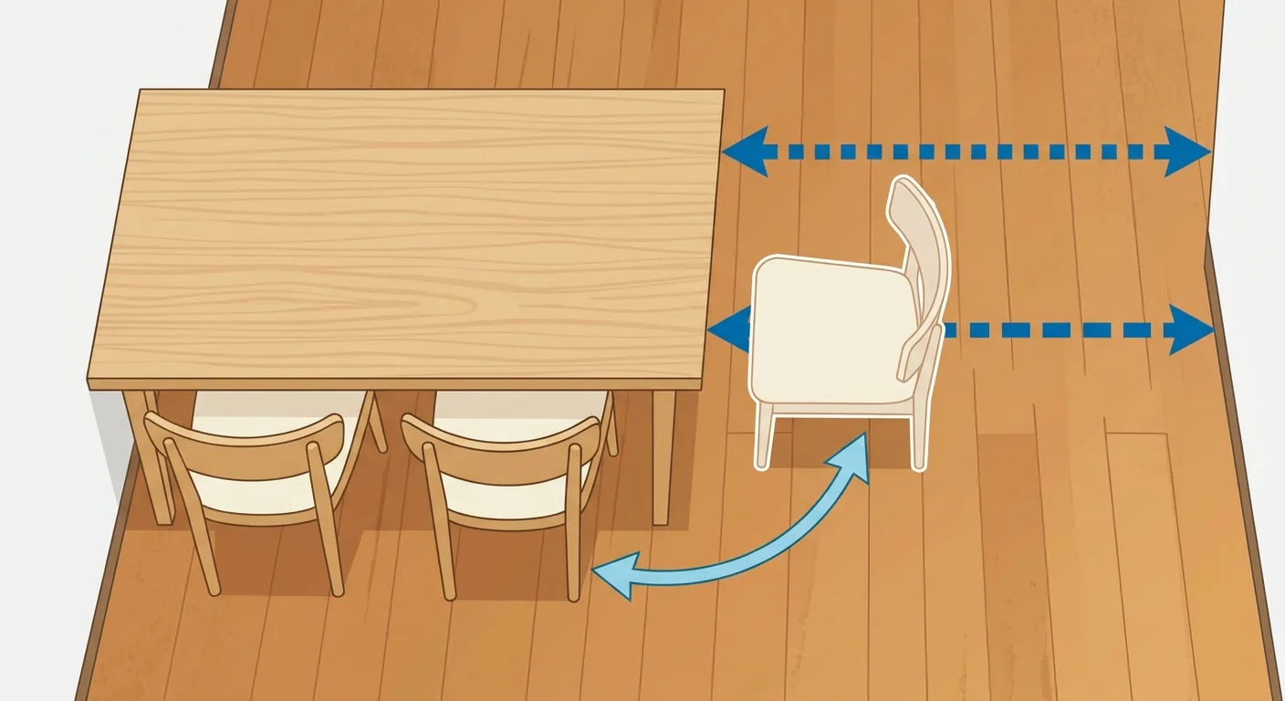 Mixed side-top diagram of dining chair pull-out and walkway clearance, a table against a wall, one side shows a chair in