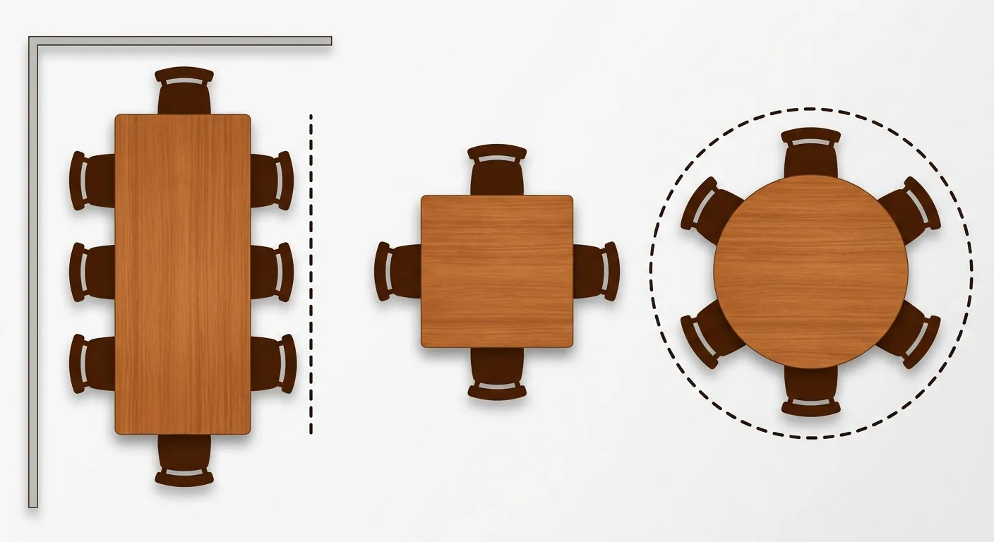 Top-down comparison of rectangular, square and round dining tables with circulation, three table blocks side by side: re