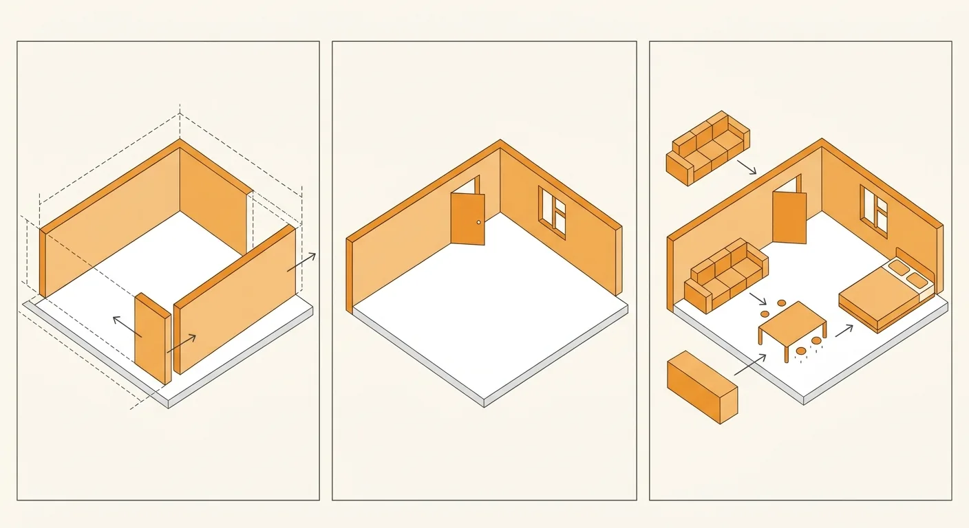 Three-action floor-drawing mockup in three side-by-side cells: first cell a wall segment being pulled out with dashed di
