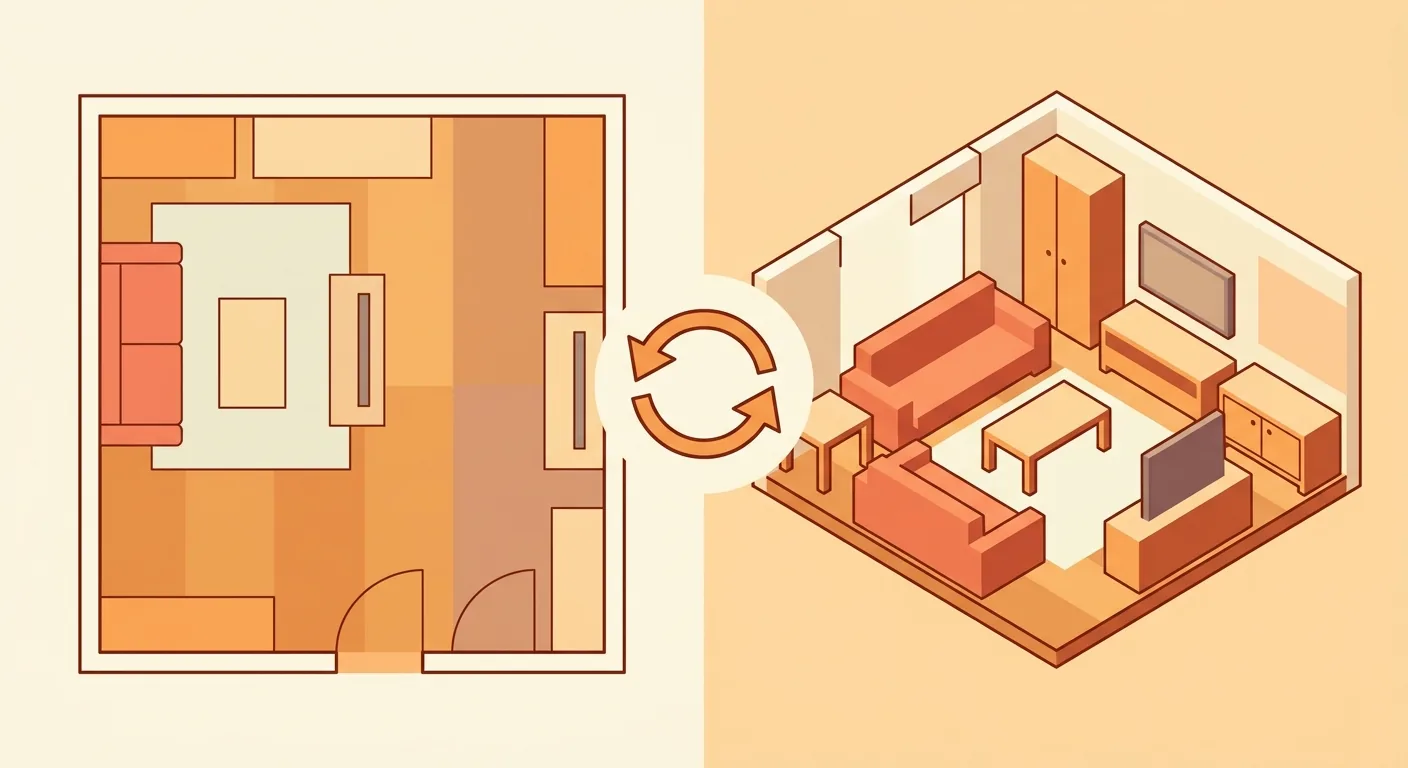 2D and 3D view switching mockup, left half a top-down 2D plan (room outline, furniture blocks, colored floor), right hal