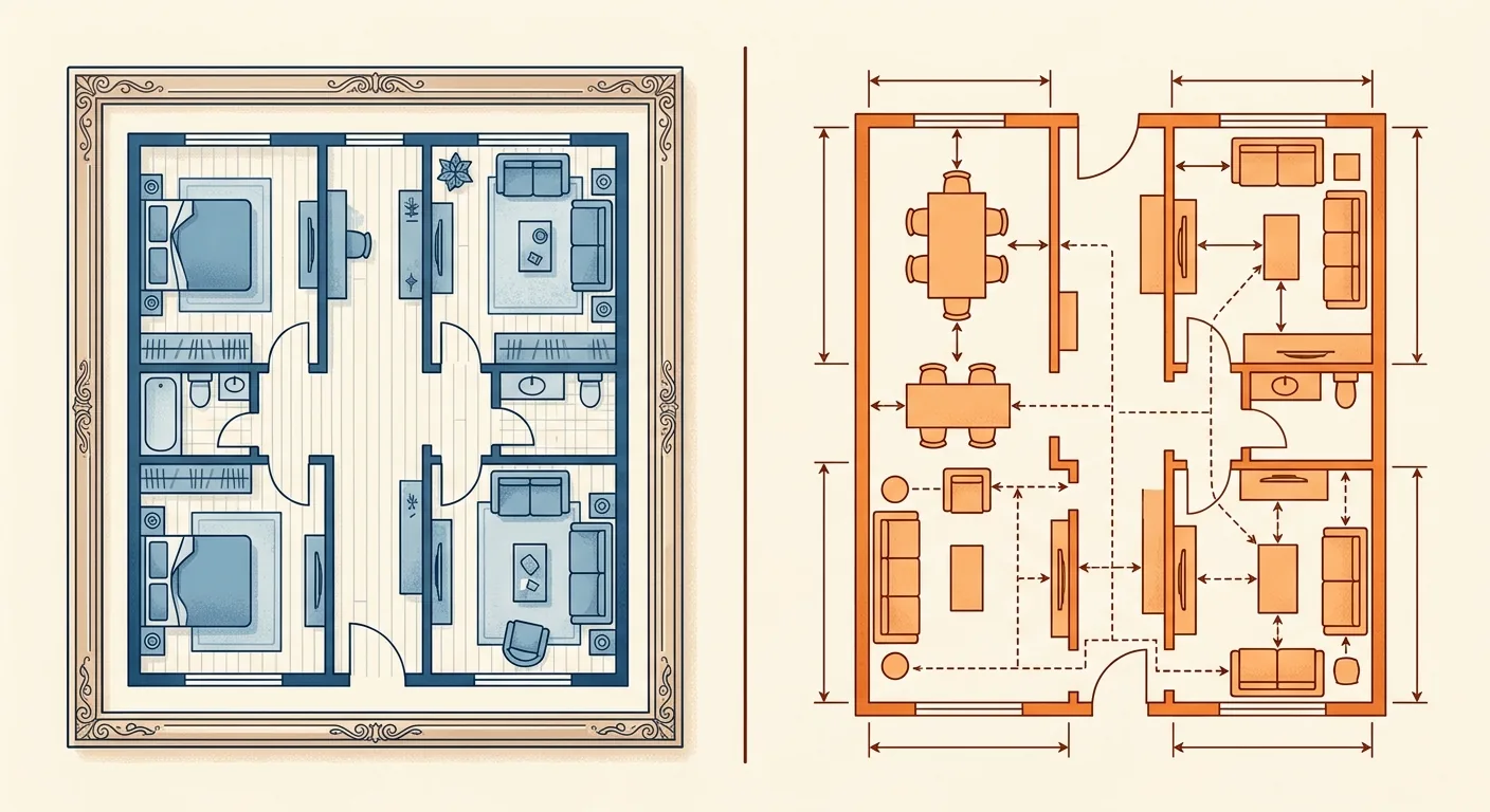 Contrast mockup of two output purposes, left a framed pretty floor plan (symbolizing made-to-show, nice export), right a