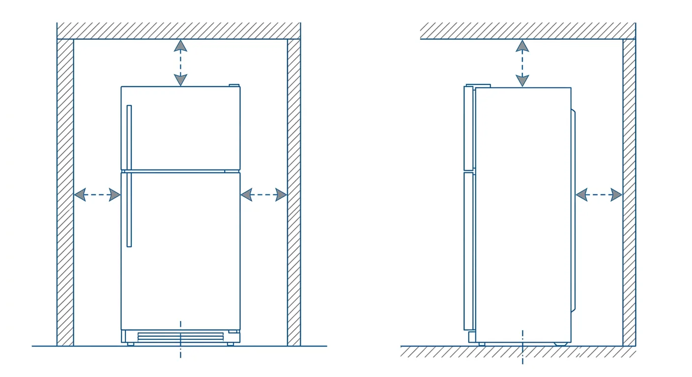 Refrigerator ventilation clearance dimension diagram, front and side cross-section line drawings of a refrigerator, doub