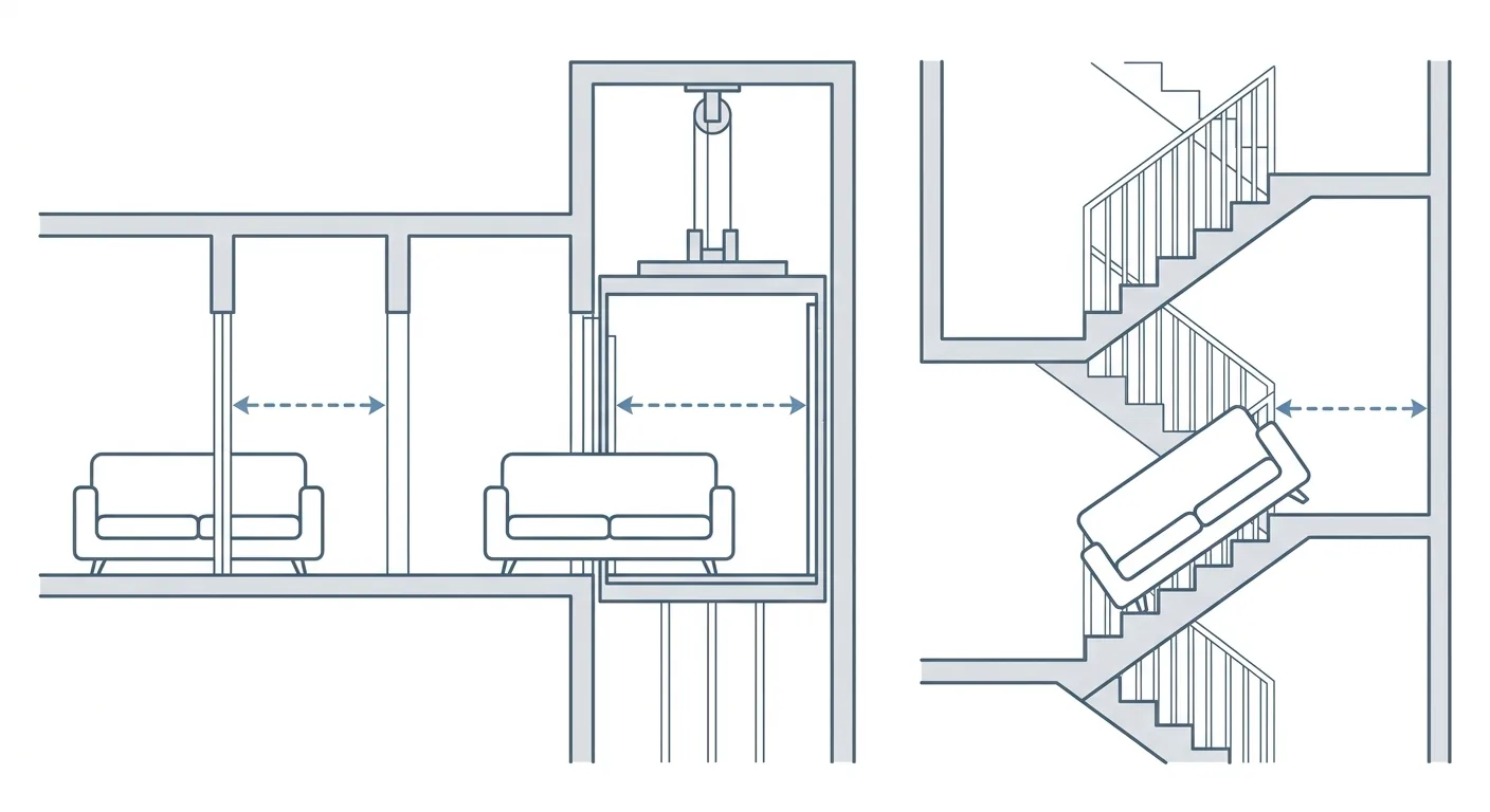 Furniture move-in path dimension diagram, a sofa passing through a doorframe, an elevator, and a staircase corner in seq