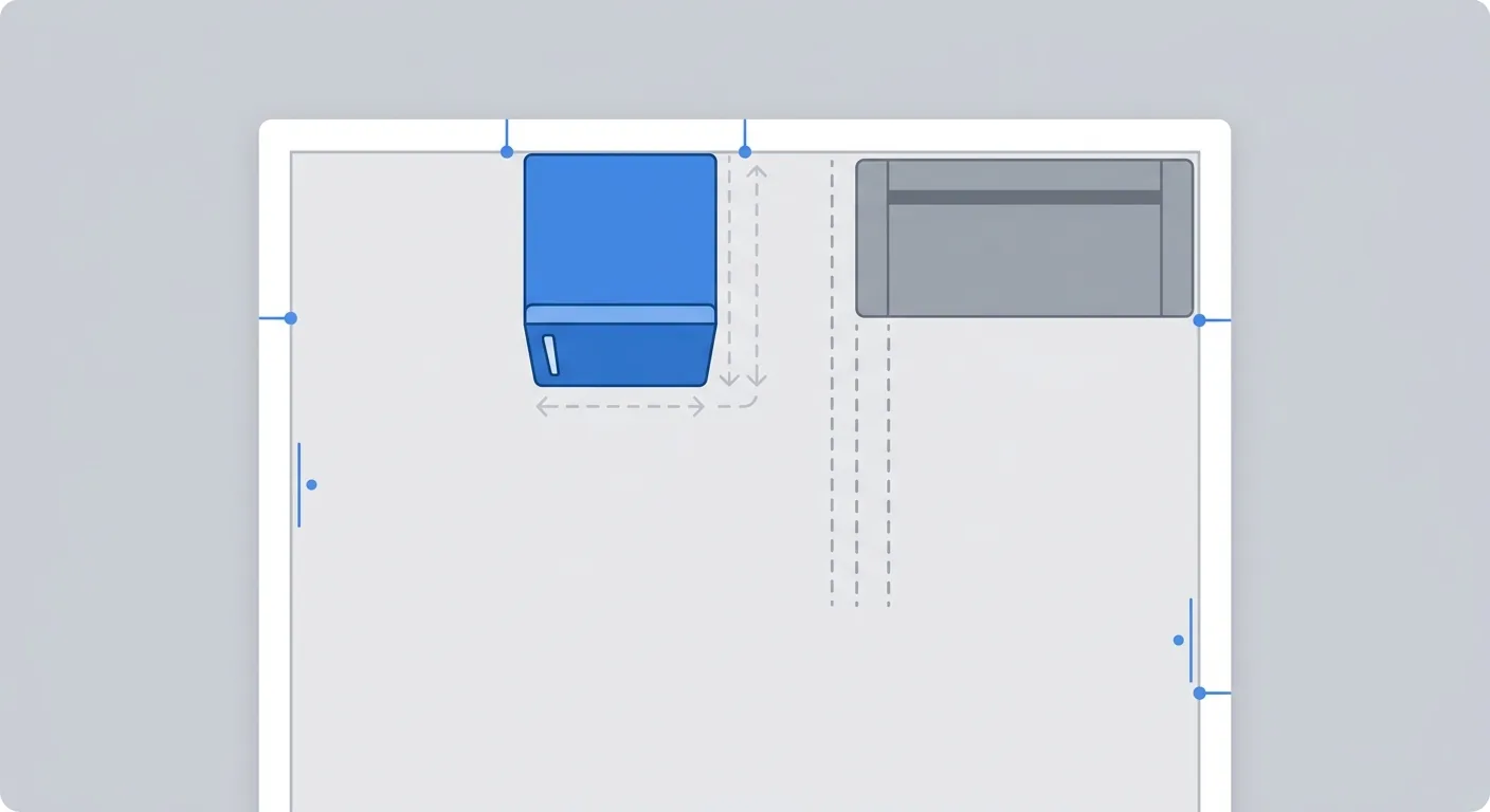 Online furniture-layout tool interface mockup, a top-down floor plan with refrigerator and sofa top-down blocks placed i