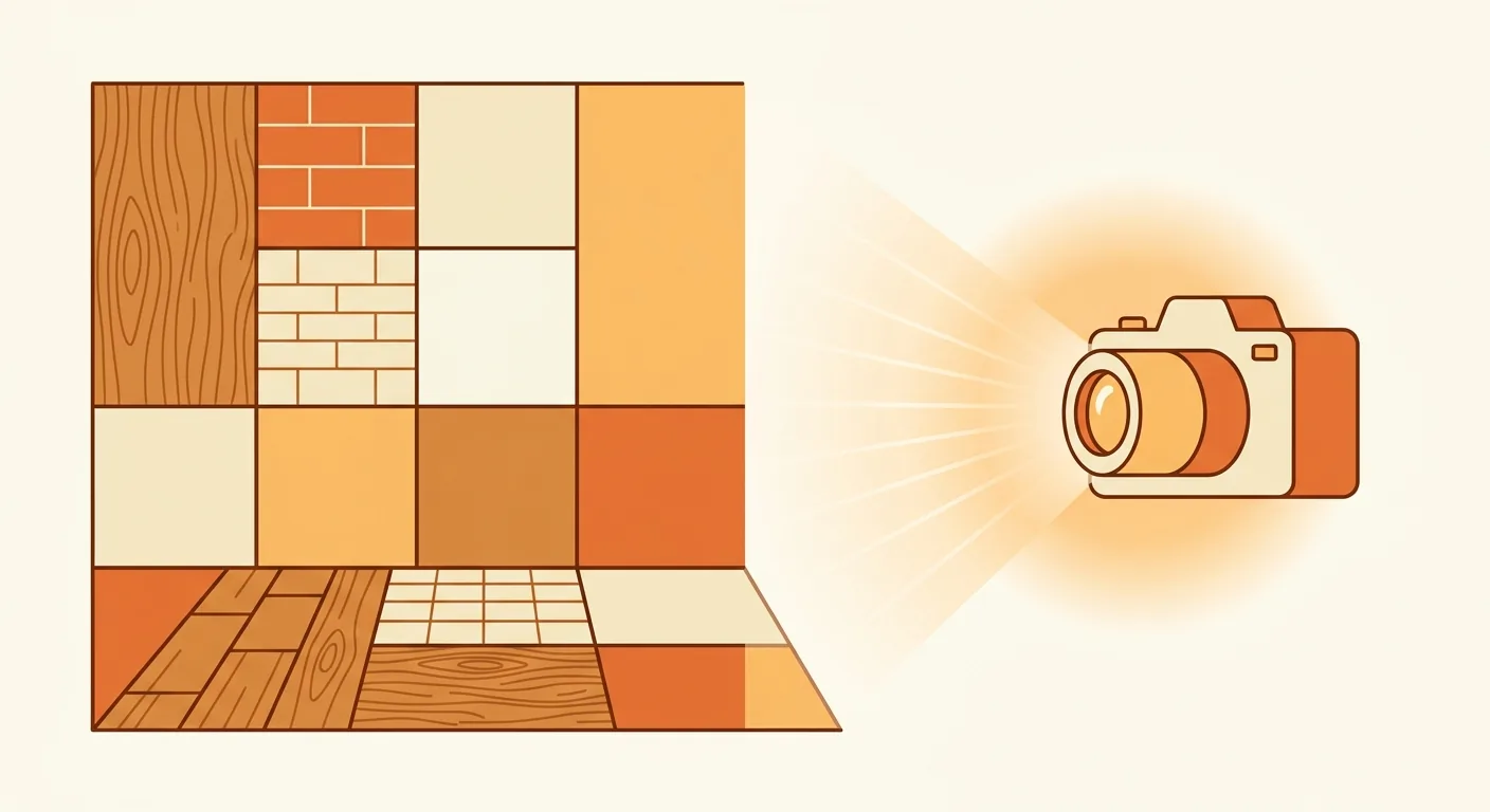Material and rendering mockup, left half a wall and floor with different material color blocks (wood grain, tile, paint