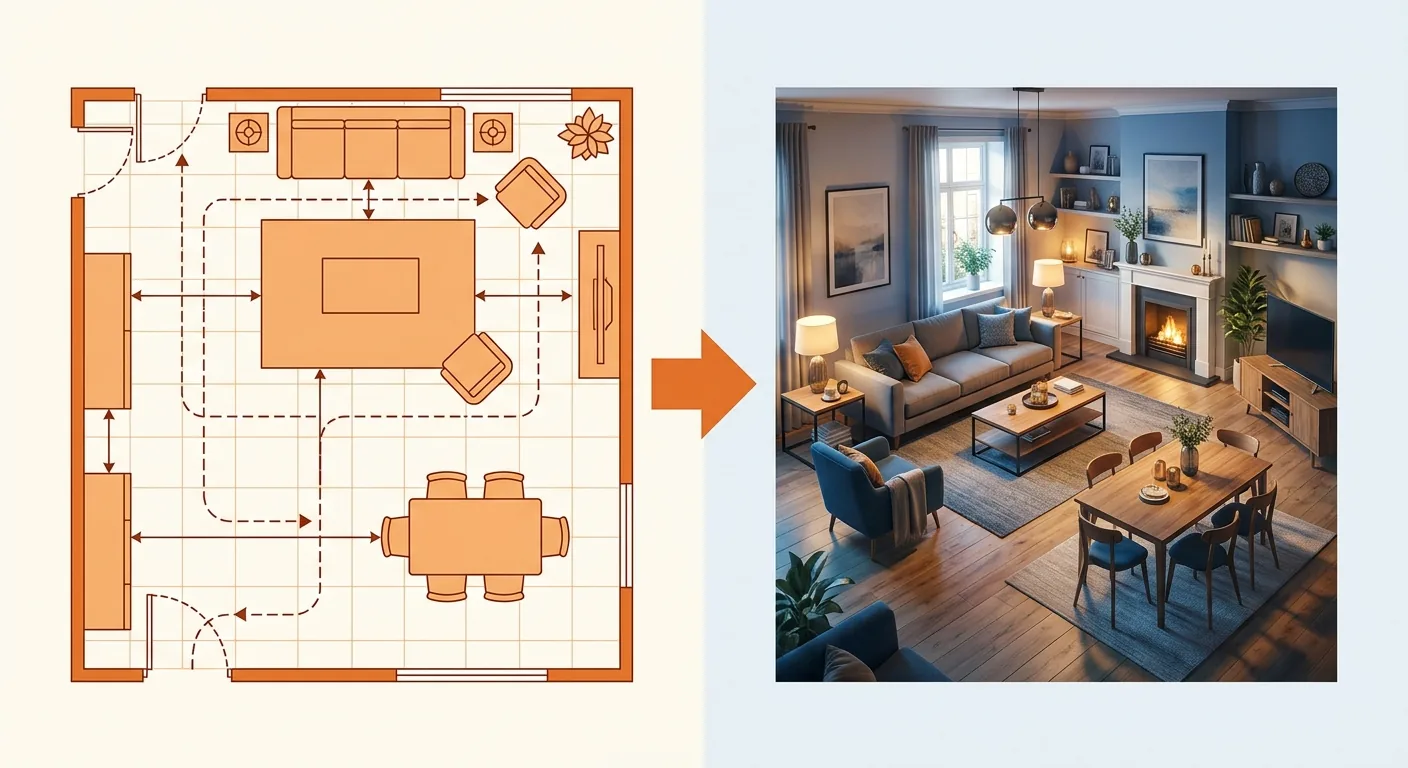 Division-of-labor mockup of fit-first-then-beauty, left a top-down plan with walkway dashed lines and spacing guides bet