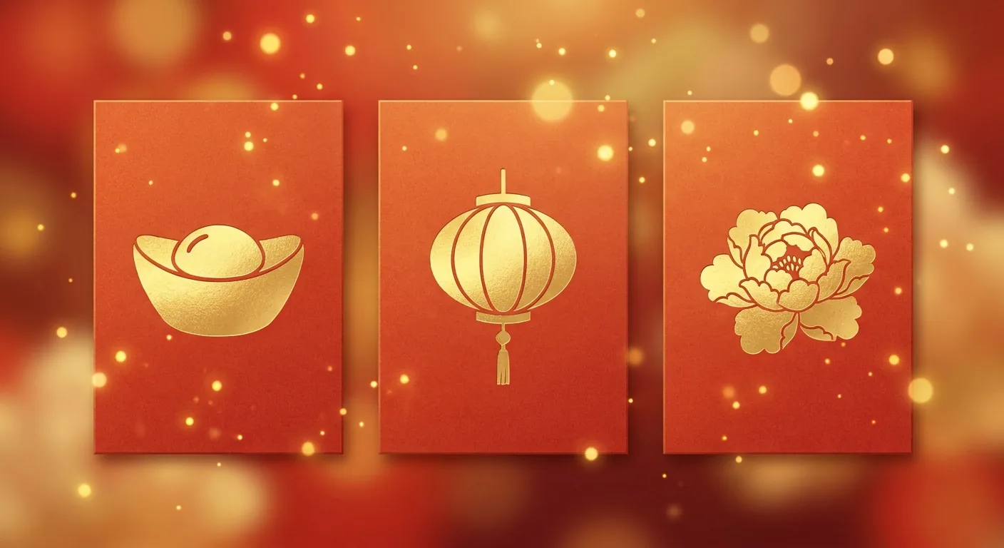 入厝吉祥話賀卡氛圍圖,三張暖色系賀卡並排、卡面只有簡單的圖示裝飾(元寶、燈籠、盛開的花),卡上不填任何文字
