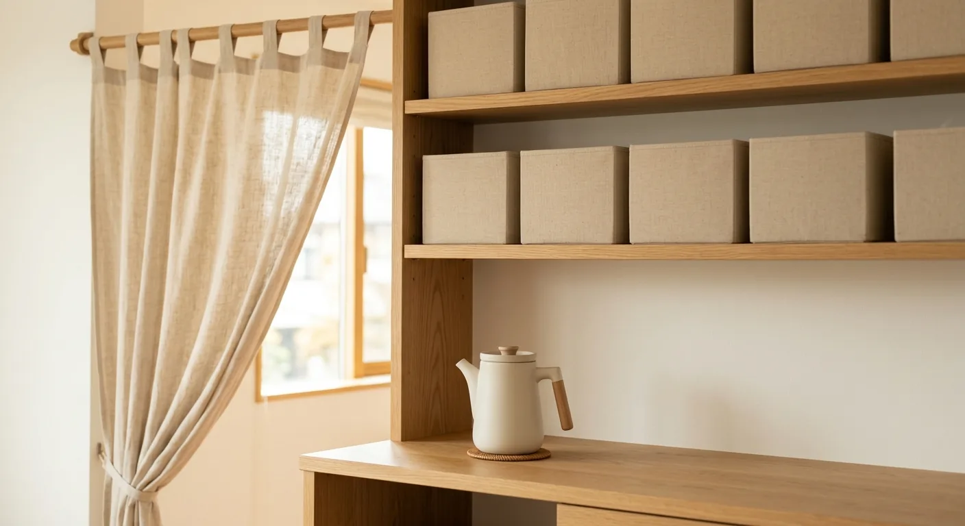 A Muji-style curtain and storage detail illustration, plain cotton/linen curtains draping, a row of same-color storage b