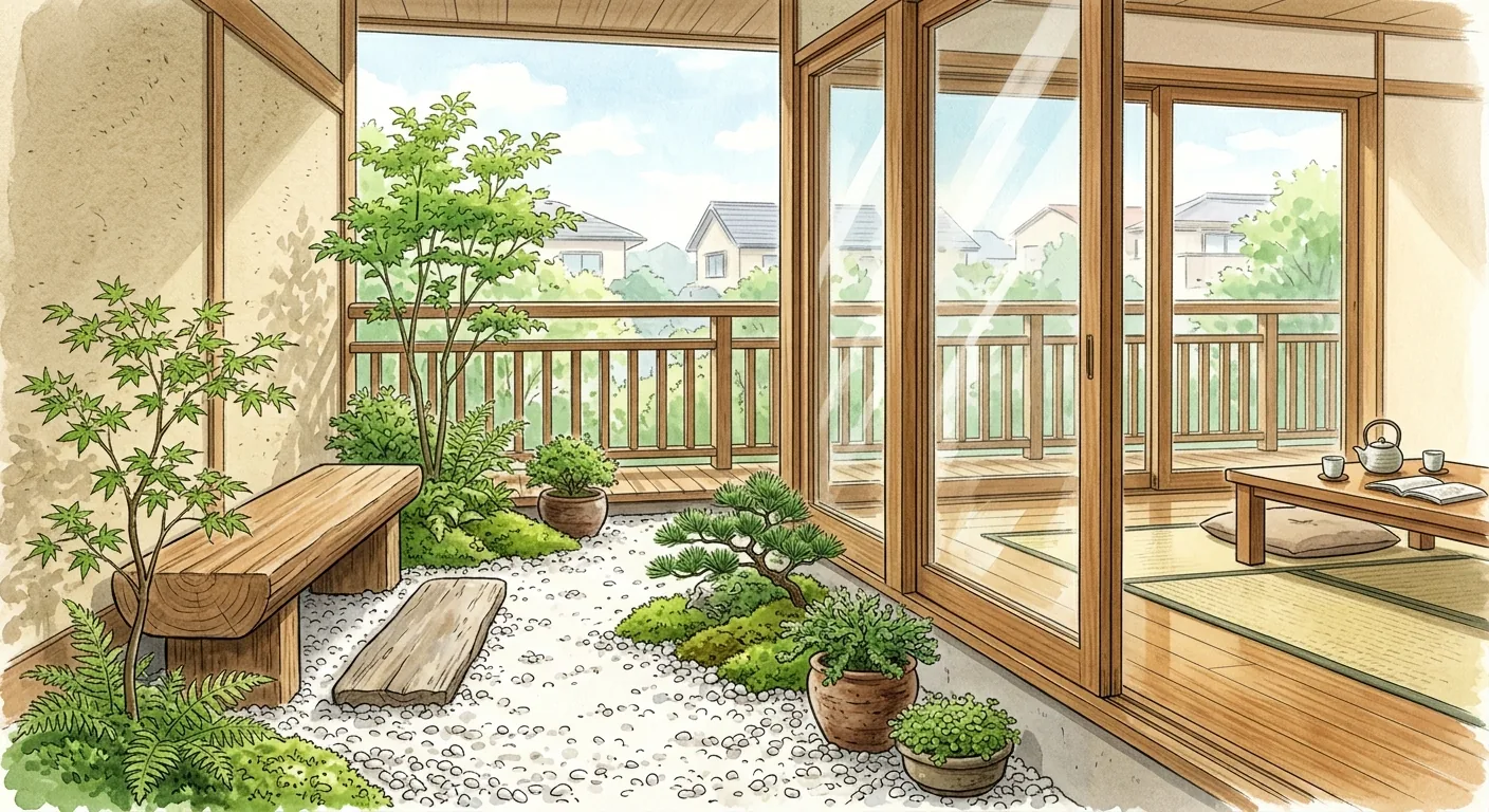 A small-space Japanese garden landscaping illustration, a balcony corner laid with a small patch of white gravel, a few