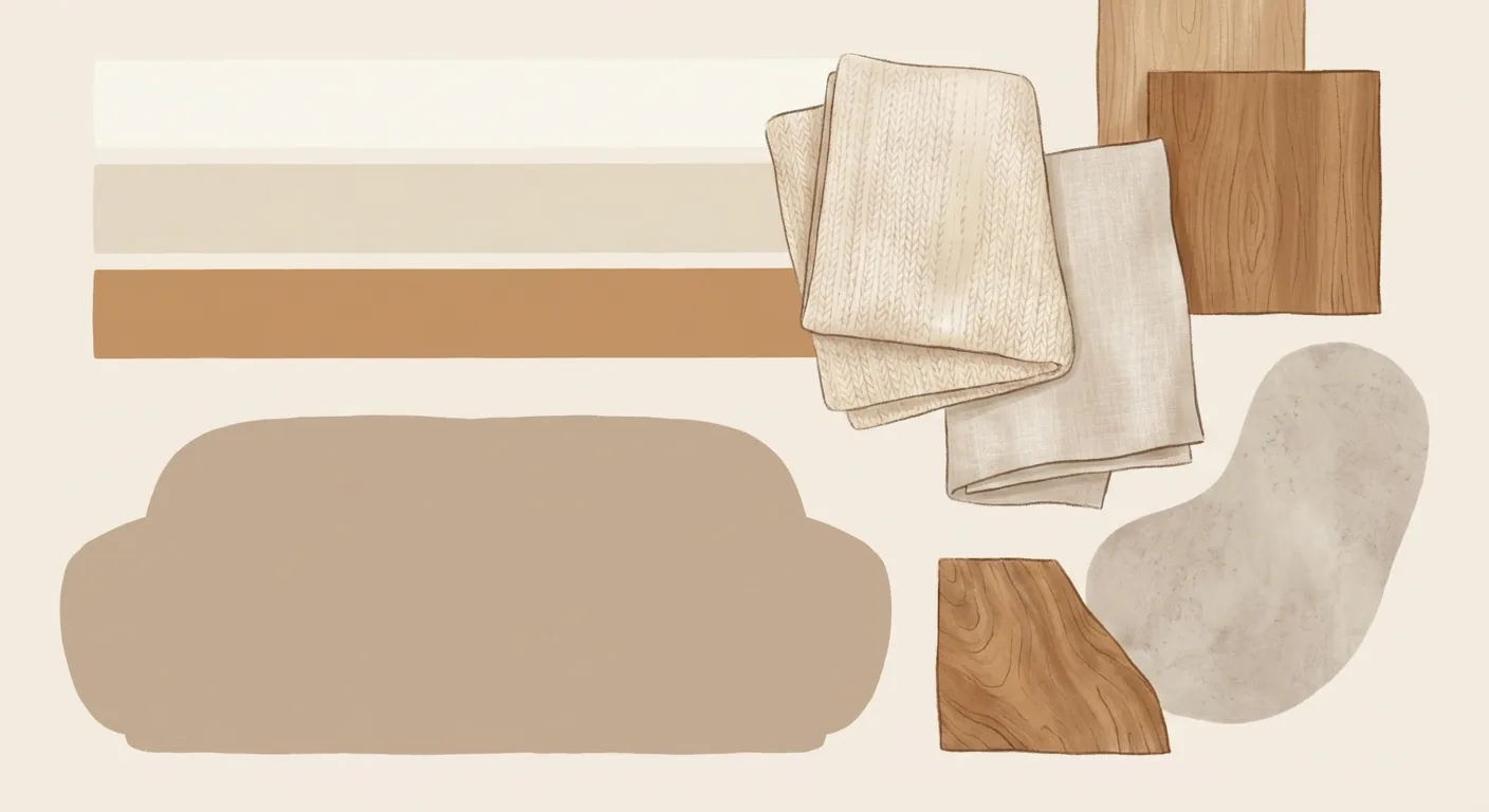 A cream-style color and material board illustration, a warm swatch strip of cream white, oat, and caramel tones arranged