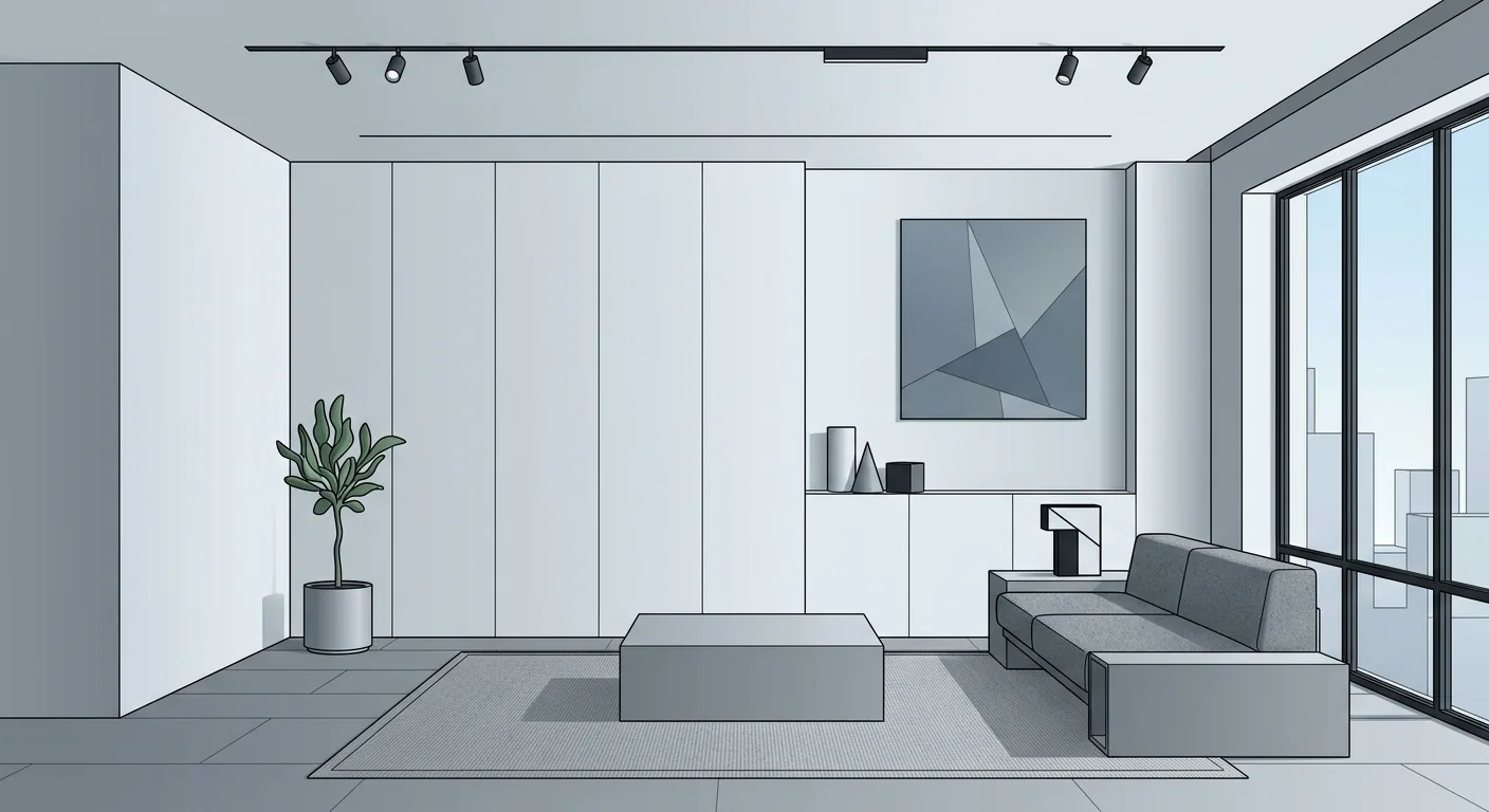 A modern minimalist living room scene illustration, cool white-gray walls, a flush handleless hidden storage facade, a l