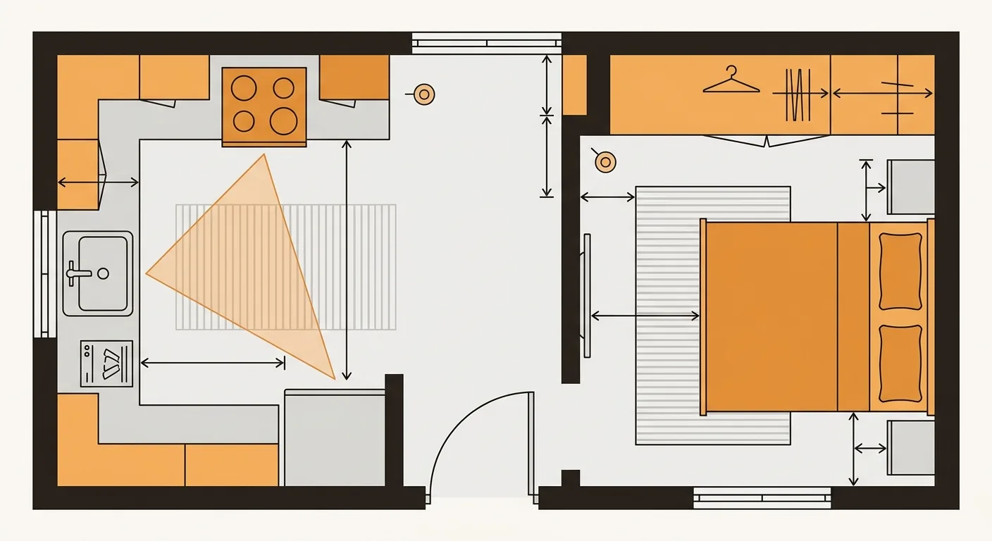 Top-down layout example of a kitchen and bedroom, left half kitchen (sink, stove, and fridge as three color blocks formi