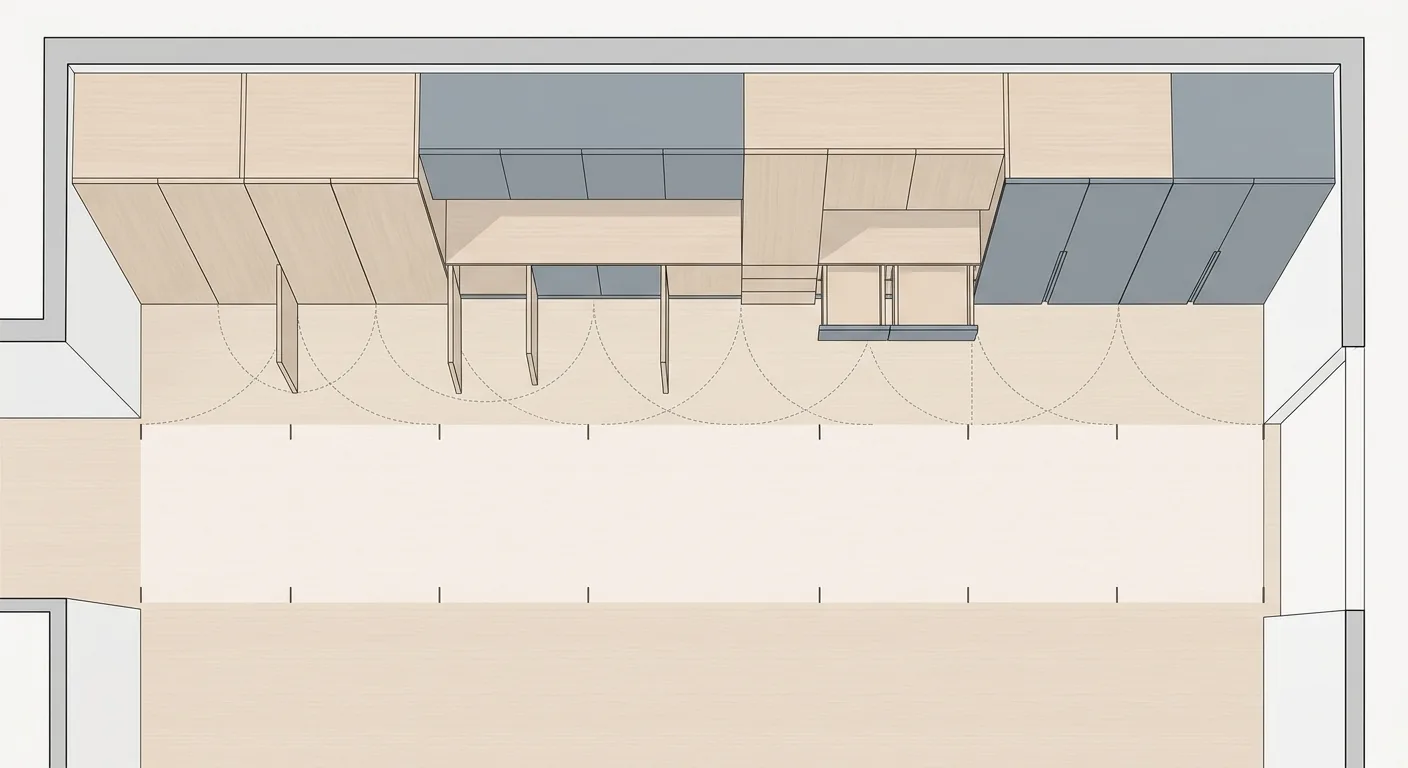 Top-down diagram of system cabinets on a floor plan, a row of cabinet blocks arranged along a wall, light dashed arcs in