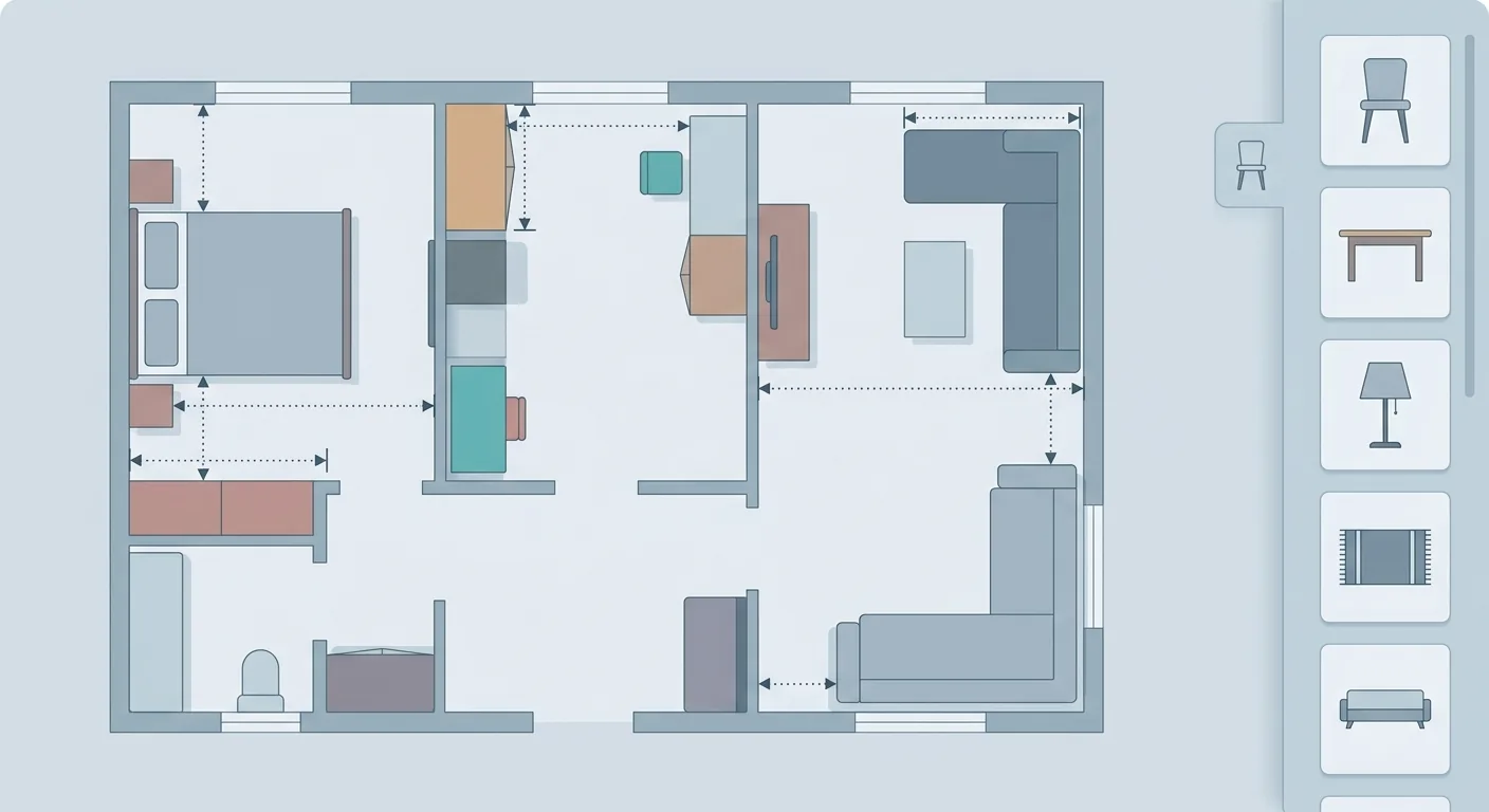Online furniture-layout tool interface mockup, center a loaded unit floor plan, the user drags simplified furniture bloc