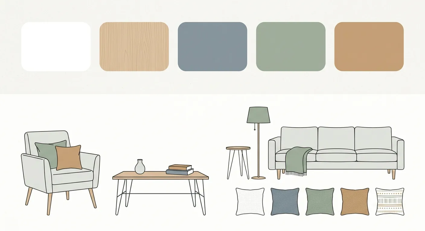 A Scandinavian color and furniture pairing board illustration, the top half showing a low-saturation color-swatch strip