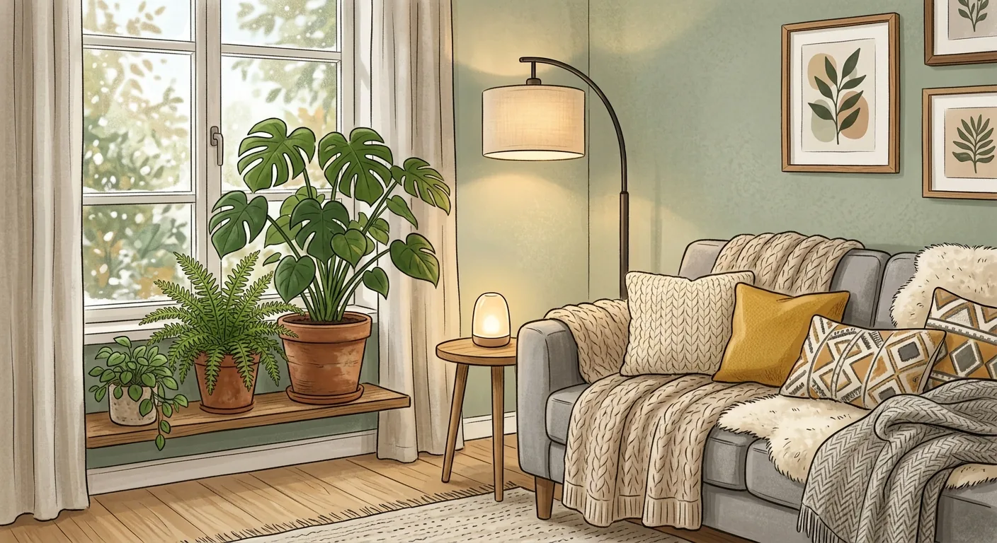 A Scandinavian styling detail illustration, a cluster of green plants by the window, layered wool throws and cushions on