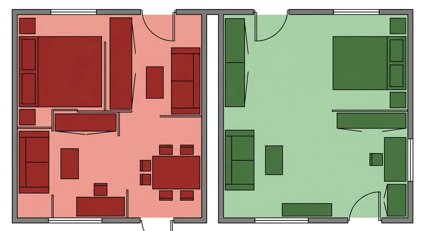 Two side-by-side room floor-plan diagrams for contrast: the left plan has oversized furniture compressing the walkway in
