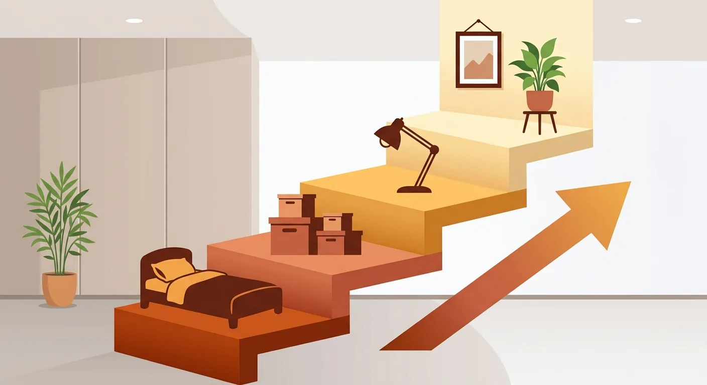 A staircase illustration of rental decorating priority, with four steps rising from bottom to top